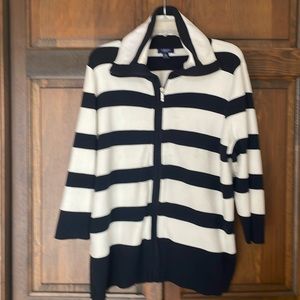 Chaps. Plus Size 3X. Black & White Stripped Front Zip Sweater Sleeve to Elbowish